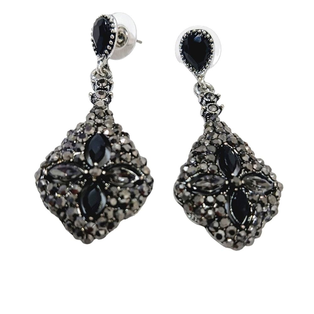 Luxury Dangle‎ Earrings Fleur Black Diamonds Simulated Pierced Whimsigoth Formal